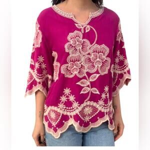 🎉Anthropologie Embroidered Floral Bell Sleeve  Boho Top Fuchsia Pink Womens S